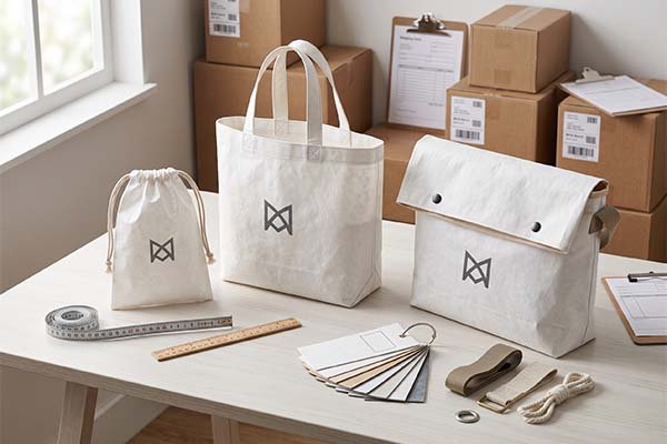Custom Tyvek sample bags on a workbench, surrounded by a measuring tape, fabric color swatches, strap accessories, and metal buckles, illustrating the specification and design process.