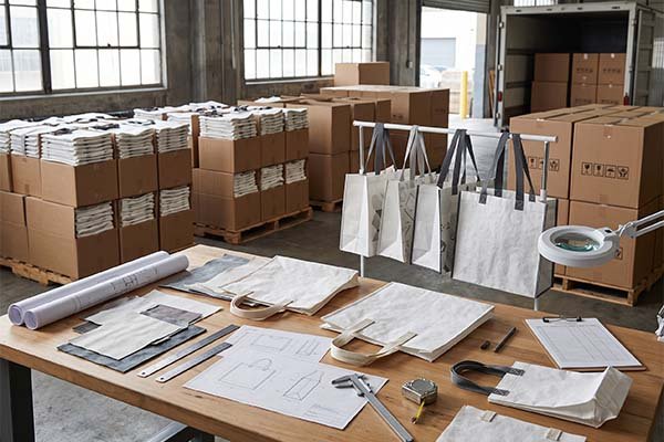 A spacious production workshop showing the complete Tyvek bag manufacturing process: the foreground features a wooden workbench with design blueprints, measuring tools, fabric samples, a lighted magnifier, and semi-finished bags; the background shows pallets stacked with boxes, finished bags on a display rack, and a truck being loaded for shipping.