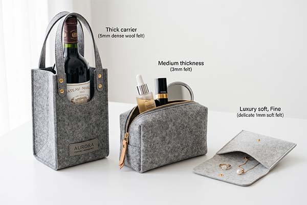 Three custom felt bags demonstrating material options: a 5mm dense wool felt wine carrier, a 3mm medium thickness cosmetic pouch, and a 1mm luxury soft jewelry envelope.