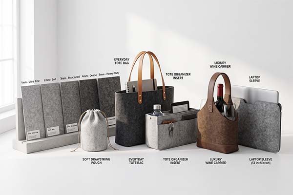 A collection of felt products including an everyday tote, organizer insert, luxury wine carrier, and laptop sleeve, displayed next to labeled felt material samples from 1mm to 5mm.