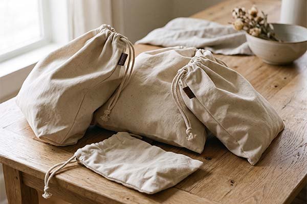 Different size canvas drawstring bags featuring brown brand tags, resting casually on a wooden dining table.