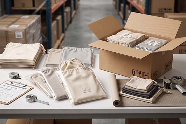 Folded canvas dust bags packaged in clear protective sleeves with product labels, organized into a corrugated cardboard carton for bulk warehouse shipping and supply chain distribution.
