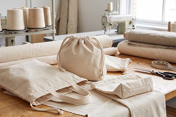 Close-up view of canvas drawstring bag construction highlighting bottom gusset stitching, accompanied by a commercial sewing machine, thread spools, and fabric rolls in a production facility.