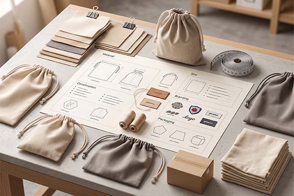 Comprehensive manufacturing specification sheet for custom dust bags featuring technical drawings for material, size, construction, branding, and packaging, surrounded by fabric samples and finished products.