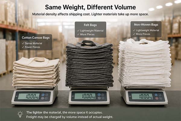 Comparison of eco bag fabric options showing how material density affects shipping volume, featuring cotton canvas, felt, and non-woven bags all weighing exactly 10kg.