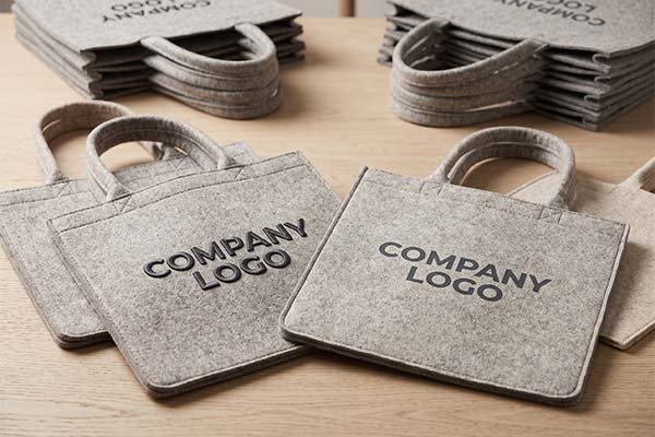 Close-up of grey felt bags showcasing different decoration methods, specifically screen print and embroidery for company logos, with stacks of bulk bags in the background.