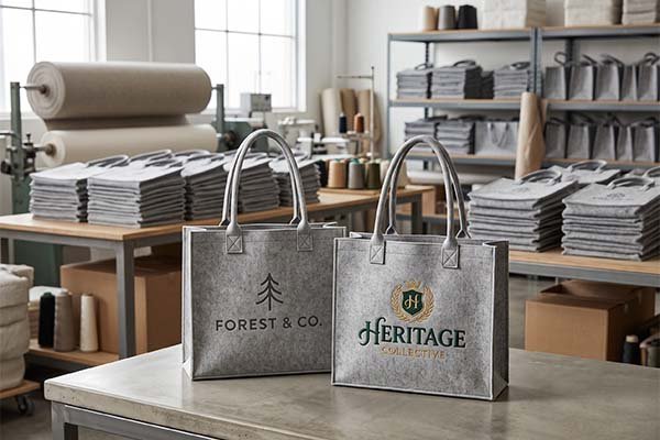 Two branded felt bags displayed on a table in a manufacturing workshop, surrounded by stacks of inventory and material rolls used for bulk order cost calculation and pricing.
