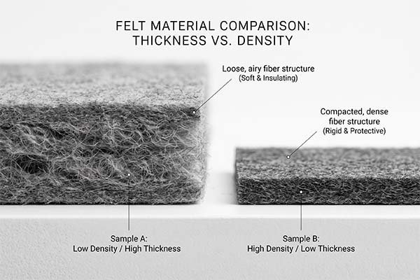 A macro comparison of two felt materials showing a loose, airy fiber structure with high thickness and low density versus a compacted, dense fiber structure with low thickness and high density.