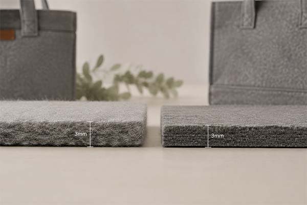 Felt material structure comparison: close-up of two 3mm felt samples showing different densities.