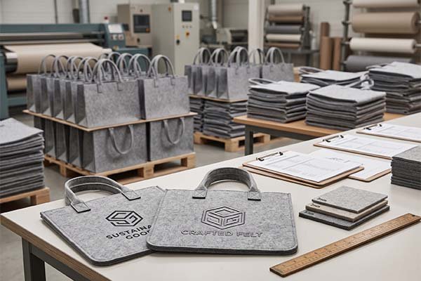 A factory workstation for finalizing bulk order specs, featuring finished branded felt bags, order paperwork on a clipboard, a ruler, and felt material thickness samples labeled 2mm, 3mm, and 5mm.
