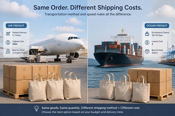 Freight rate comparison infographic showing the cost, speed, and suitability differences between air freight and ocean freight for shipping bags.