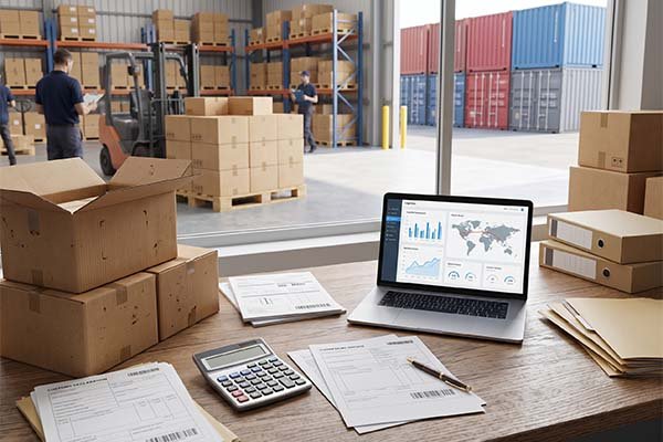 Desk setup in a warehouse showing import customs fees paperwork, customs declarations, a commercial invoice, and a laptop displaying a global logistics dashboard.