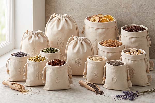 A natural product packaging system featuring multiple canvas drawstring bags filled with various dry goods, spices, grains, and dried fruits.