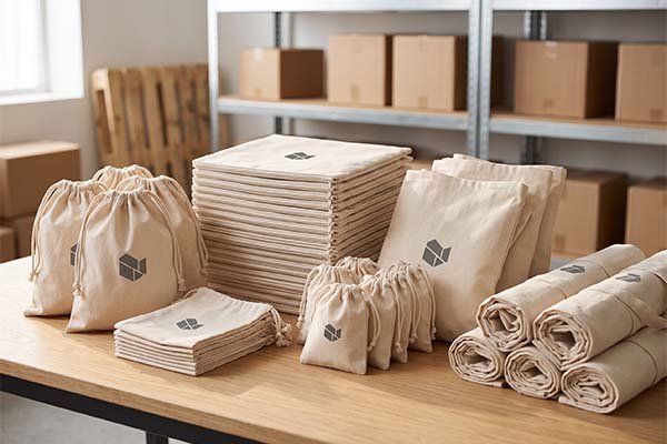 An organized custom bag inventory in a warehouse setting, showing neatly stacked, rolled, and filled canvas bags with a printed logo.