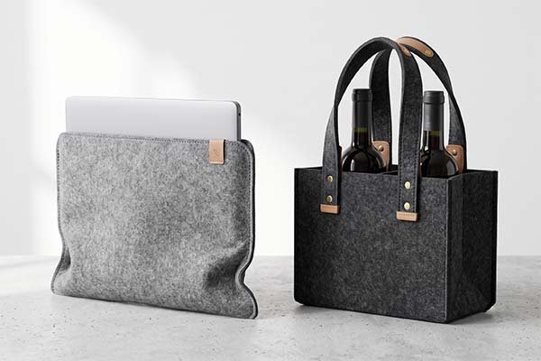 A grey felt laptop sleeve protecting a computer, displayed next to a structured, dark grey felt tote holding two wine bottles.