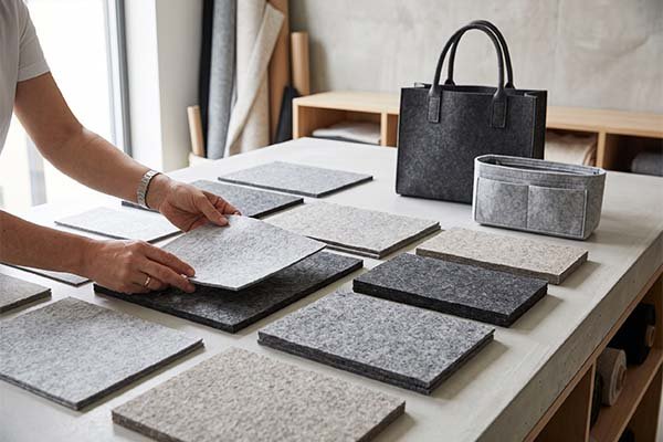 A person selecting the right felt material samples on a workbench with finished felt bags in the background.