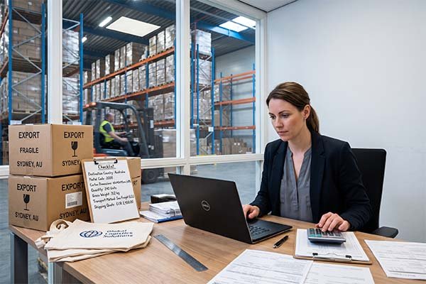 Logistics manager at a warehouse desk checking a shipping details checklist, reviewing carton dimensions and sea freight quotes on a laptop.