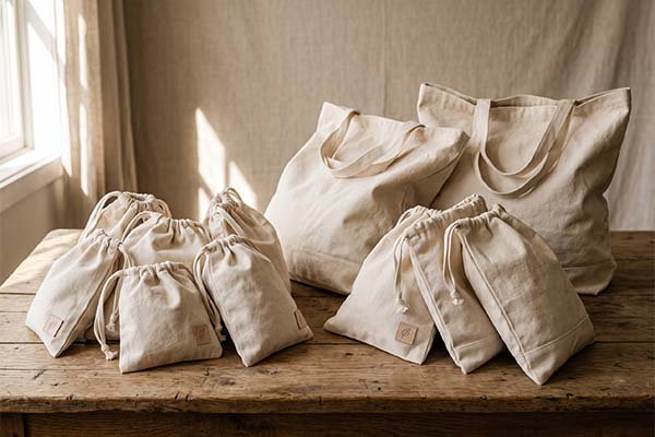 A display of standard bag size categories, contrasting small canvas drawstring pouches with large canvas tote bags on a rustic wooden table.