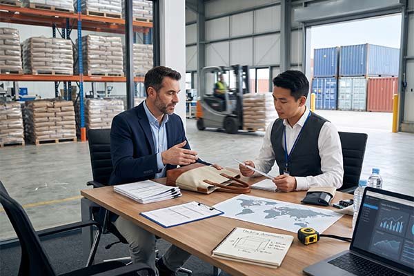 Two men discussing supplier shipping support and packing dimensions, measuring a sample bag at a desk with logistics charts in a factory warehouse.
