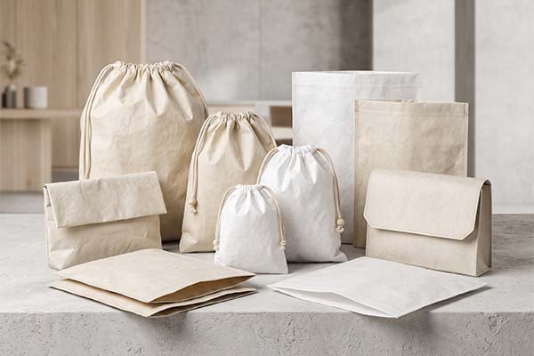 Close-up of beige and white Tyvek drawstring and flap bags in multiple sizes, showcasing their unique tear-resistant paper-like texture and crinkled appearance.
