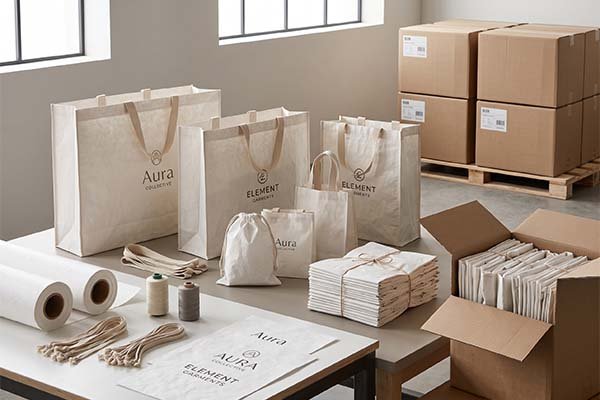 Tyvek raw material rolls, sewing thread spools, drawstring accessories, and bulk shipping boxes on a table in a packaging production facility, representing manufacturing cost factors.