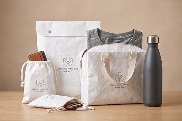 A collection of premium reusable white Tyvek packaging bags, including drawstring pouches, tote bags, and envelope bags, containing clothing, a water bottle, and daily accessories.