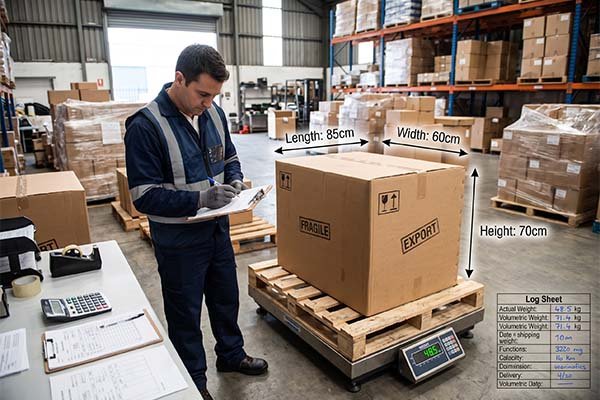 Warehouse worker measuring the length, width, and height of an export carton on a pallet scale for volumetric weight calculation.