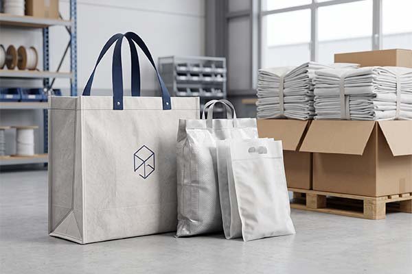 Packaging material selection comparison in a warehouse setting, with a Tyvek tote bag featuring blue handles, a woven bag, and a non-woven bag displayed side-by-side in the foreground, and packed pallets in the background.