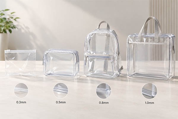 Magnified details and corresponding bag styles for 0.3mm, 0.5mm, 0.8mm, and 1.0mm clear material thicknesses.