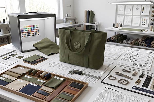 Approved custom bag sample displaying the final green tote bag alongside an approved specification sheet, fabric swatches, and a zipper reference board.