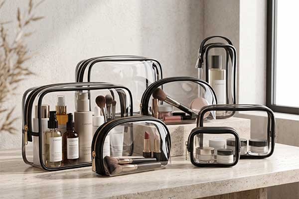 A versatile collection of custom clear toiletry bags with black trim in various sizes and shapes, manufactured for skincare and cosmetic retail packaging.