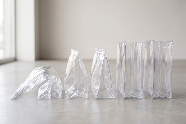 Comparison of clear bag materials in standing and folded positions, demonstrating structural support and flexibility across different thicknesses.