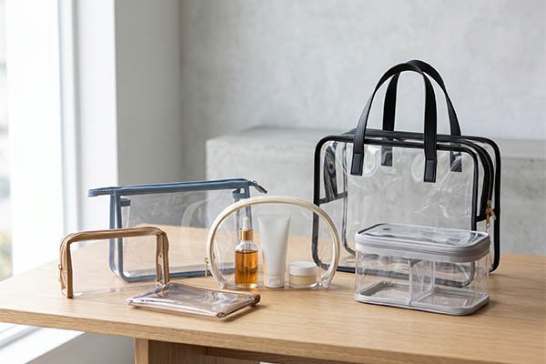 Clear cosmetic bags containing skincare and toiletry items, showcasing applications for travel and storage organization.