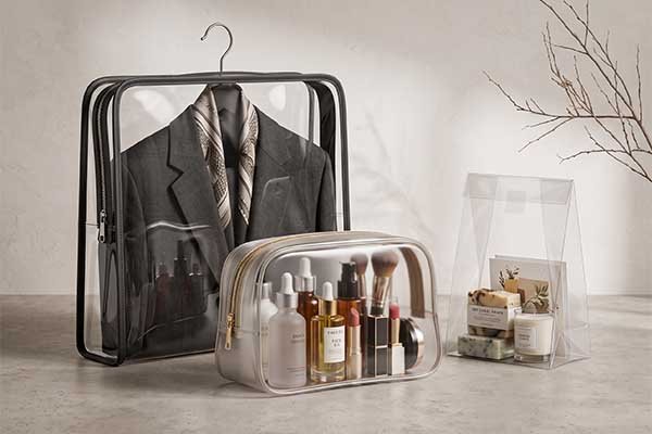 Multi-purpose transparent packaging solutions including a clear garment bag for suit protection, a gold-zippered makeup pouch, and a clear retail gift bag for artisanal soaps and candles.