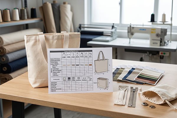 Custom bag dimensions and materials specification sheet showing bag structure diagrams, placed next to a blank canvas tote bag, fabric samples, and zippers.