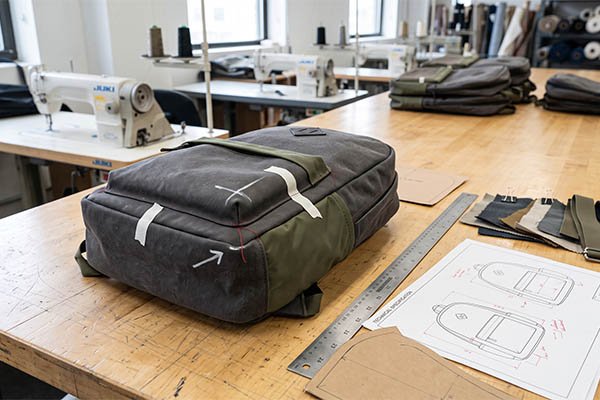 Custom bag prototype under inspection, featuring a grey backpack with white correction marks, alongside a ruler and design sketches.