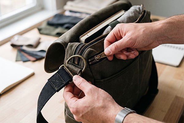 A close-up view of hands carefully testing the smooth action of a high-quality brass zipper on an open green canvas messenger bag