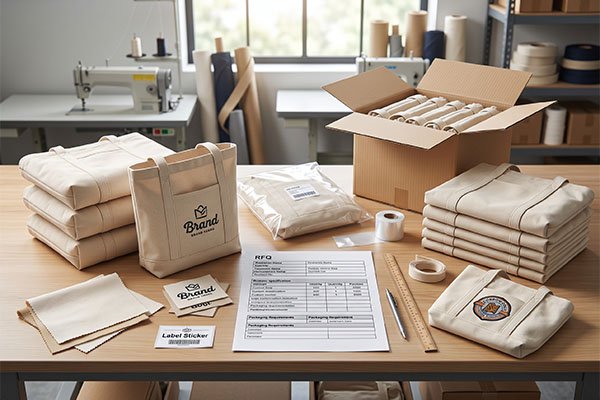 Custom bag logo and packaging display featuring printed brand totes, clear polybag packaging, label stickers, an RFQ sheet, and an open shipping carton.