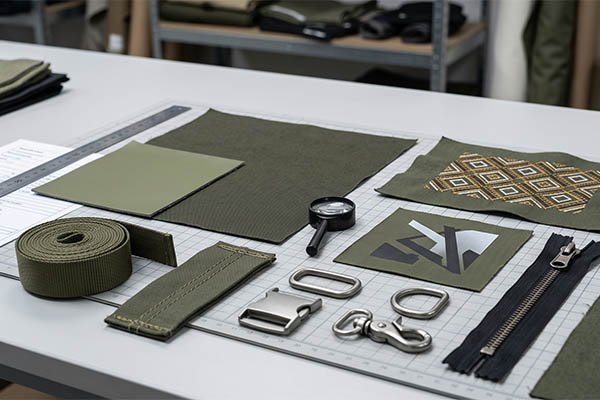 Custom bag materials and logo components laid out, including cut fabrics, embroidered geometric logo, webbing, zippers, and metal hardware.