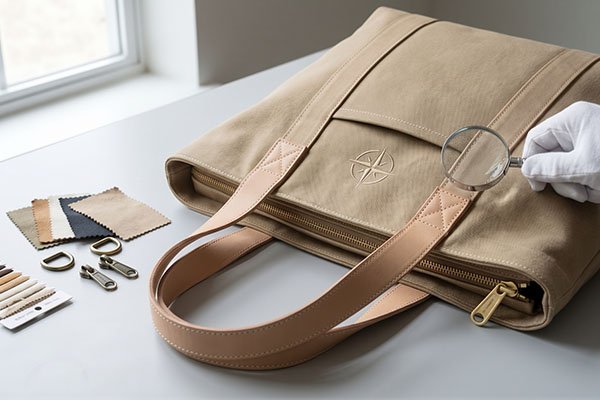 A detailed close-up of a hand holding a magnifying glass to inspect the detailed stitching and compass logo on a khaki canvas custom tote bag.