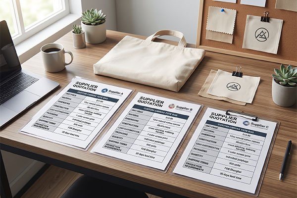 Custom bag quotation comparison showing three different supplier quotation sheets on clipboards for canvas tote bags resting on a desk.