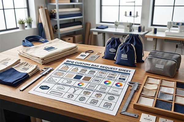 Custom bag requirements request sheet with visual icons for dimensions, materials, and colors, surrounded by bag samples, fabric swatches, and a measuring caliper.