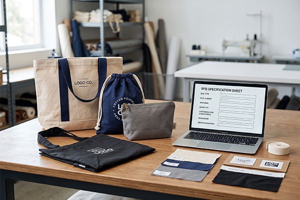 Custom bag RFQ checklist displayed on a laptop screen alongside a canvas tote, drawstring bag, pouch samples, and fabric swatches on a wooden table.