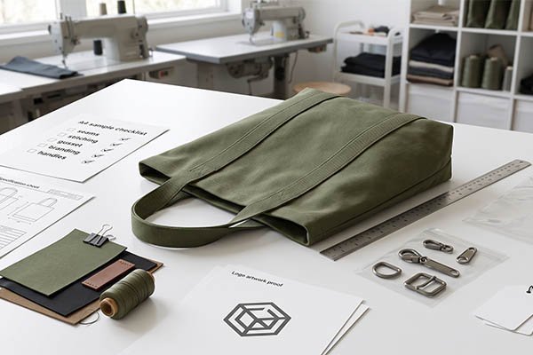 Custom bag sample approval checklist showing a green canvas bag lying flat, a completed A4 checklist, logo artwork proof, and sealed hardware.