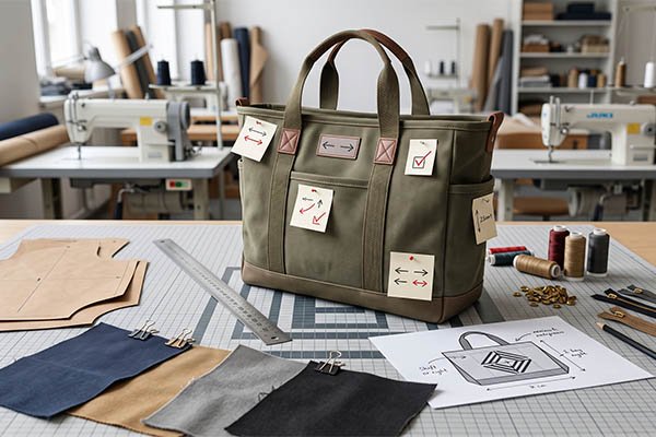 Custom bag sample correction process showing a green tote bag marked with sticky notes indicating adjustments and revisions.