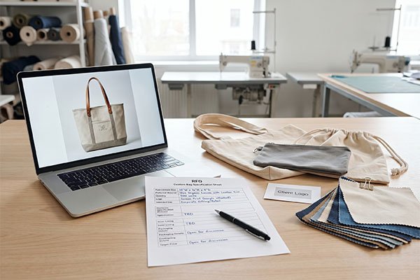 Custom bag sample discussion showing a bag mockup on a laptop, an RFQ specification sheet with handwritten notes, a client logo card, and material swatches.
