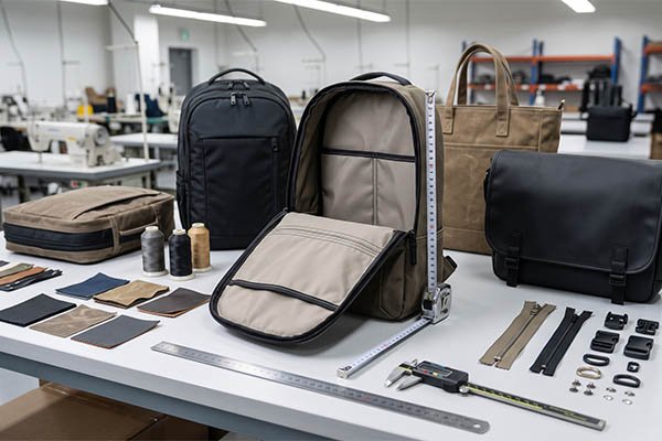 Custom bag sample inspection with a backpack prototype, tape measure, fabric swatches, threads, and zippers on a workbench.