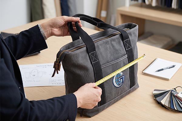 A person's hands meticulously measure the width of a dark grey canvas custom tote bag with a blue globe logo on a workshop desk.