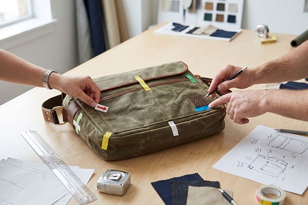 Two people on a wood table use colorful stickers and notes to mark and correct a green canvas and leather messenger bag sample.