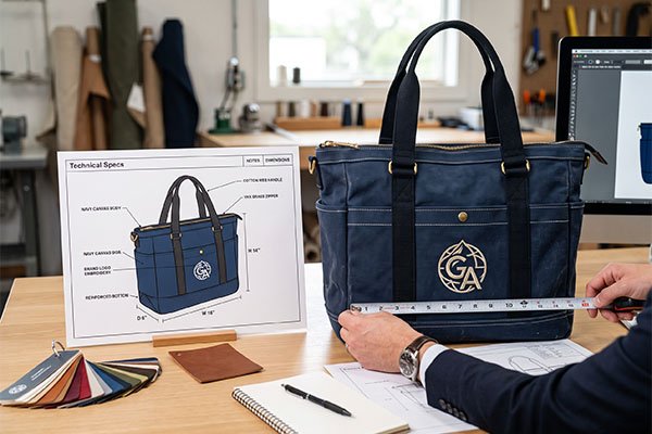 A designer measures a detailed dark blue canvas custom bag with gold embroidery next to its comprehensive technical specification sheets.